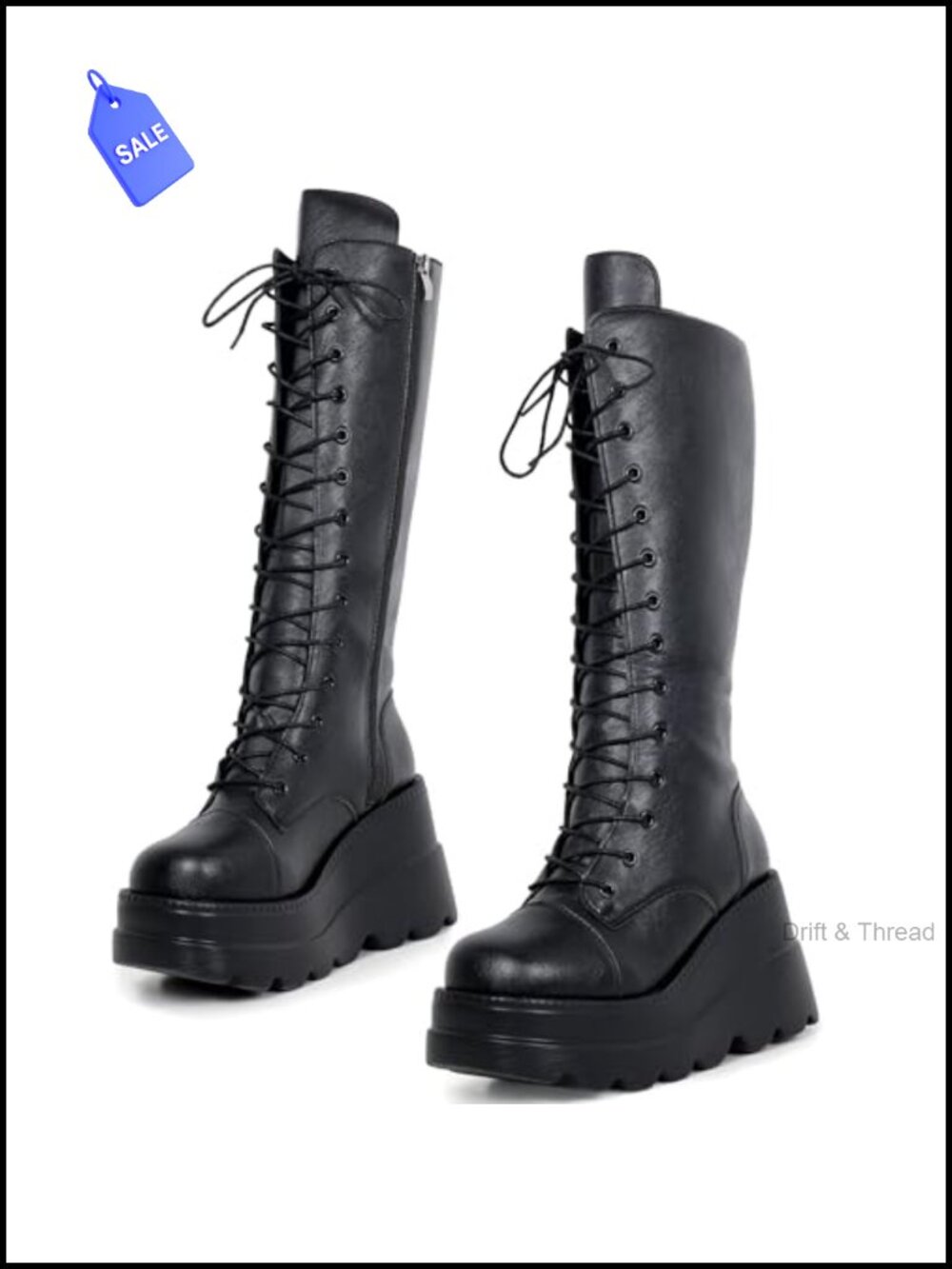 Platform Knee High Boots Faux Leather Lace Up Combat Punk Rave